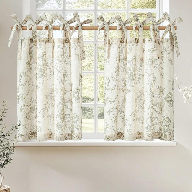 jinchan Floral Linen Tier Curtains 36 Inch Farmhouse Cafe Curtains Tie Top Botanic Drapes for Small Windows Over Sink for Kitchen Country Rustic Laundry Room Bathroom RV 2 Panels Green on Beige