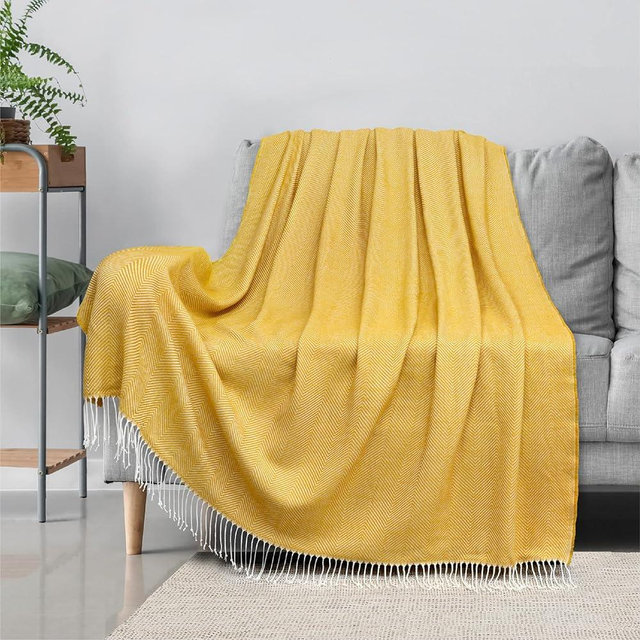 PAVILIA Yellow Boho Throw Blanket Couch, Farmhouse Outdoor Decorative Blanket, Faux Cashmere Home Decor Woven Throw, Soft Cozy Herringbone Afghan Sofa, Summer Fall Yoga Gift Lightweight, Gold 50x60