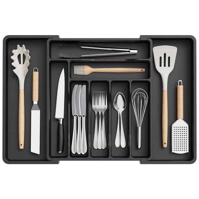 Lifewit Silverware Drawer Organizer, Expandable Utensil Organizer for Kitchen Drawers, Adjustable Cutlery and Flatware Tray, Plastic Spoons Forks Knives Holder Storage Dividers, Large, Black