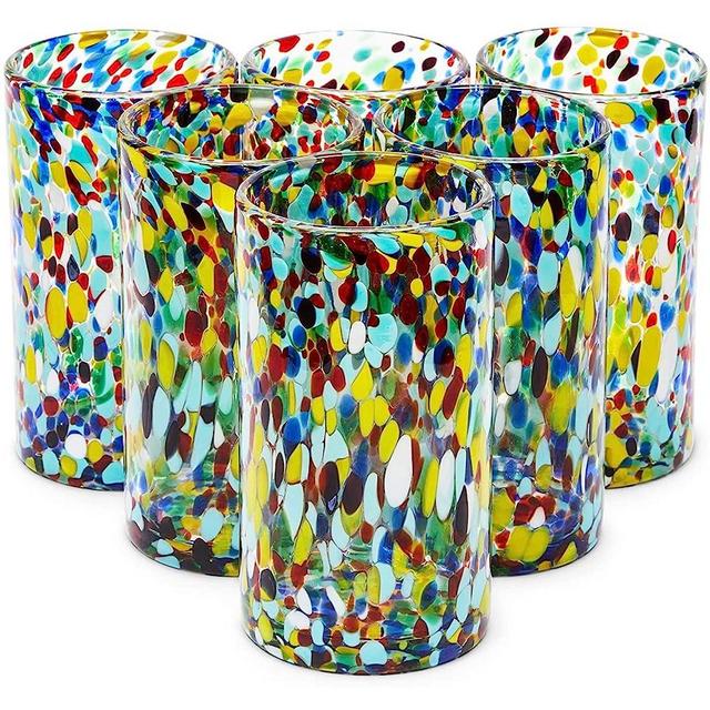 Okuna Outpost 6-Pack Hand Blown Mexican Glassware, Confetti Rock Glasses for Whiskey, Juice, Beverages, Beer, Cocktails, Heavy Duty and Reusable (Colorful Design, 14 oz Capacity)