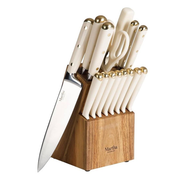 Martha Stewart 16 Piece Lockton High Carbon Stainless Steel Cutlery Kitchen Knife Block Set W/ABS Tripe Riveted Forged Handle Acacia Wood Block - Linen White W/Gold