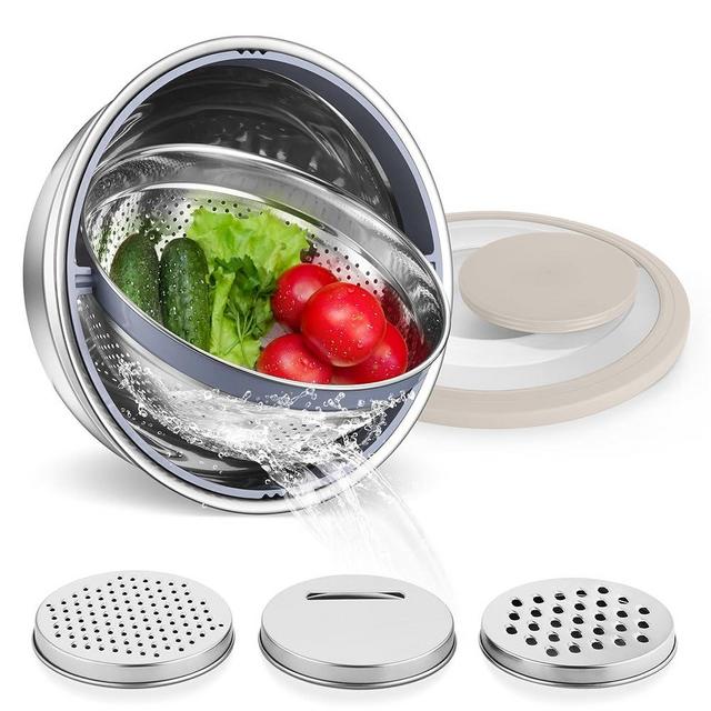 E-far Colander with Mixing Bowl Set, 4-1 Stainless Steel Colander Strainers Bowl with Graters for Kitchen, Rotatable Food Strainer Bowl for Rinsing Fruits Vegetables/Draining Pasta - Khaki