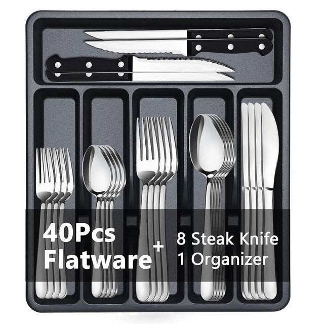 BEWOS 49 PCS Silverware Set - Stainless Steel Silverware Set with Organizer for 8, Flatware Set Included Steak Knives and Drawer Organizer, Mirror Polished, Dishwasher Safe