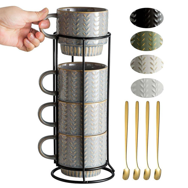 Miamolo Coffee Mugs Set of 4 with Spoons & Stand, Stackable Espresso Cups 13oz Coffee Mug for Drinks Latte Cappuccino Tea, Coffee Cup for Women Men Couples Housewarming Birthday Gift, Dishwasher Safe