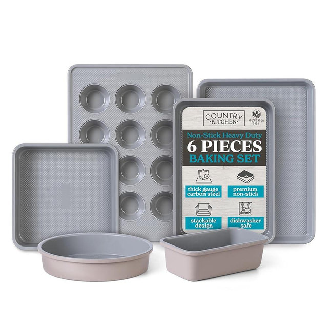 Country Kitchen Baking Pans Set - 6 Pc Non Stick Heavy Duty Baking Sets - Non Toxic Bakeware Set for Effortless Cooking and Easy Cleanup, Taupe