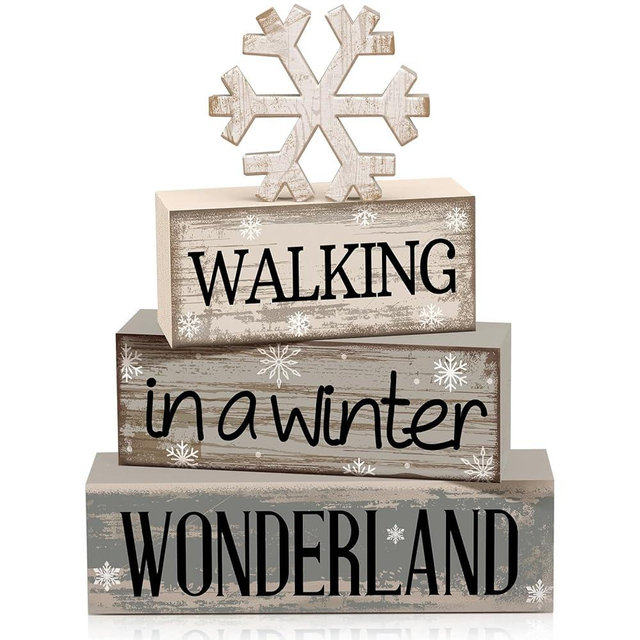 Moucuny 4 Pcs Christmas Table Decorations Wooden Snowflake Decor Winter Tiered Tray Decor Rustic Snow Block Signs Gift Farmhouse Christmas Centerpiece for Winter Wonderland Party Kitchen Shelf Home