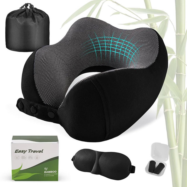 Cirorld Neck Pillow for Traveling, Travel Pillows for Airplanes,100% Pure Memory Foam Travel Neck Pillow, Adjustable Flight Pillow, Portable Plane Accessories with Eye Mask, Earplugs, Carry Bag