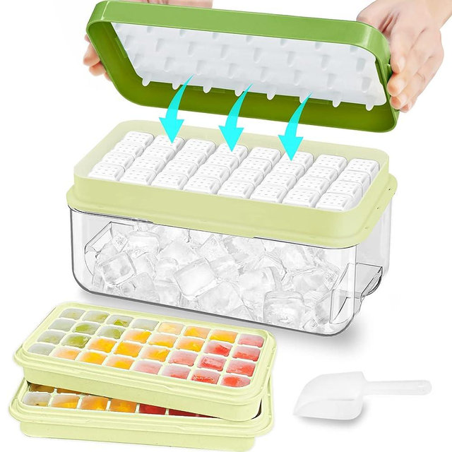 Ice Cube Tray with Lid and Bin, 64 pcs Ice Tray Kit with Ice Scoop, Ice Cube Pop Out Tray, Ice Cube Trays for Freezer, Ice Cube Molds, BPA Free, Easy Release Stackble Spill-Resistant ZZWILLB (Green)