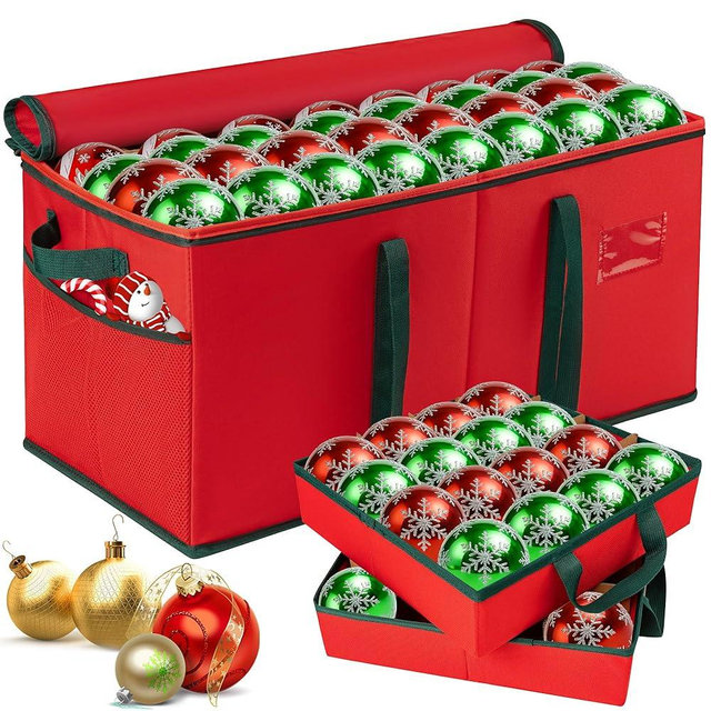 YVVZHOU PANN Christmas Ornament Storage Box, Xmas Decoration Organizer with 8 Tray, Christmas Storage Container with Dividers, Ornament organizer with Strong Handles for Holiday Decorations (Red)