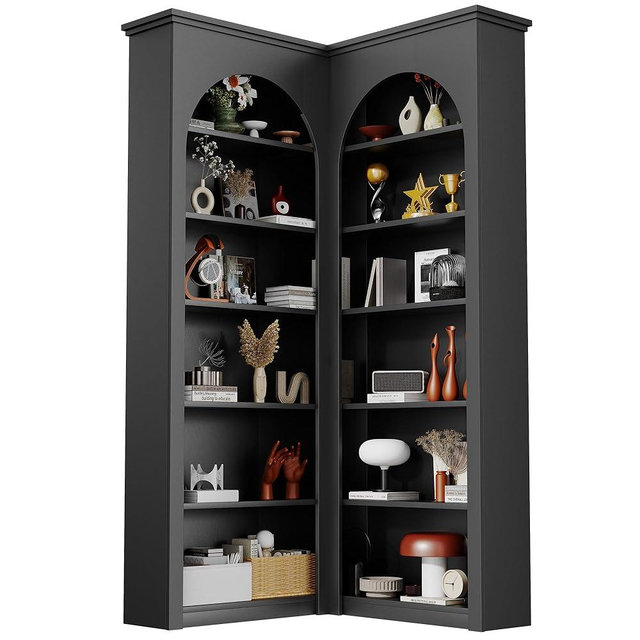 Semoic 71" Tall Corner Bookcase with Backboard, 6-Tier L-Shaped Corner Bookshelf with Arched, Space-Saving Vertical Storage, Industrial Display Rack for Living Room, Home Office,Black