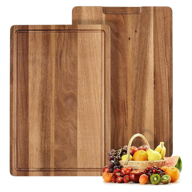 Acacia Wood Cutting Boards for Kitchen, Solid Wood Butcher Block Cutting Board with Juice Grooves and Handle