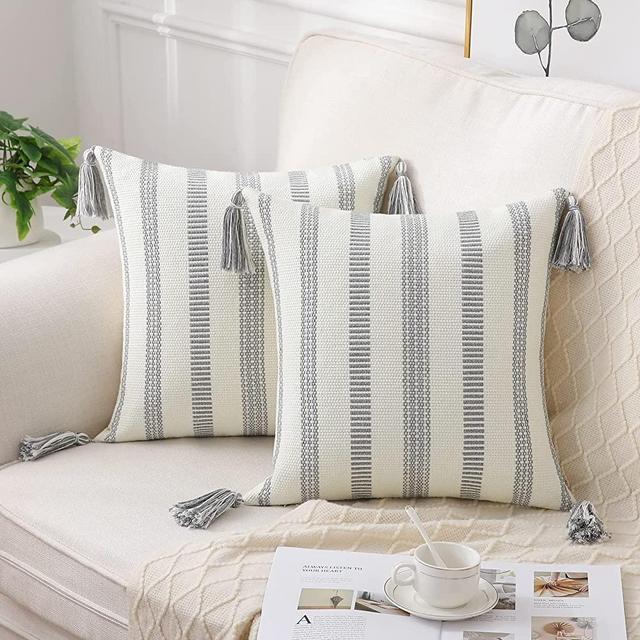 Smile Bee Boho Throw Pillow Covers Set of 2, Decorative Woven Striped Pillow Covers with Tassels, Outdoor Farmhouse Pillow Covers, 18x18 Inch, Grey and Cream White