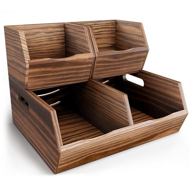 NAGAWOOD Acacia Wood Pantry Storage Bins – Stackable Open Front Kitchen Baskets for Potato, Onion, Fruit, Bread & More – Rustic Wooden Basket for Pantry (Walnut - Pine Wood)
