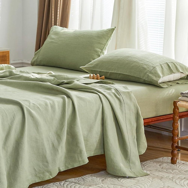 Simple&Opulence 100% French Linen Sheet Set Breathable Durable for Hot Sleepers Bedding 4 pcs - 1 Flat Sheet,1 Fitted Sheet,2 Pillowcases with Hemstitch Lace Embroidery Design (Sage Green, Queen)