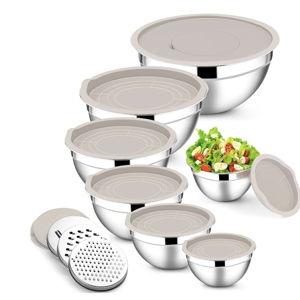 E-far Mixing Bowls with Lids Set, 7-Piece Stainless Steel Metal Mixing Bowls with Grater Attachments, Size 4.6, 3.5, 2.6, 2, 1.5, 1, 0.7QT, Nesting Design & Khaki Airtight Lids, For Cooking/Serving