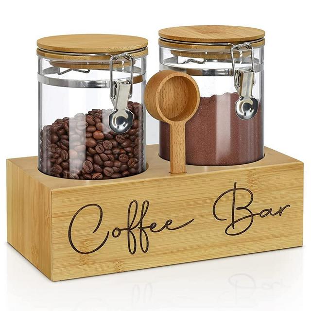 Glass Coffee Containers with Shelf,Coffee Station Organizer,Glass Storage Jars with Spoon,2x48oz Coffee Bean Storage with Airtight Locking Clamp Glass Coffee Canister for Coffee Bean,Ground Coffe,Nuts