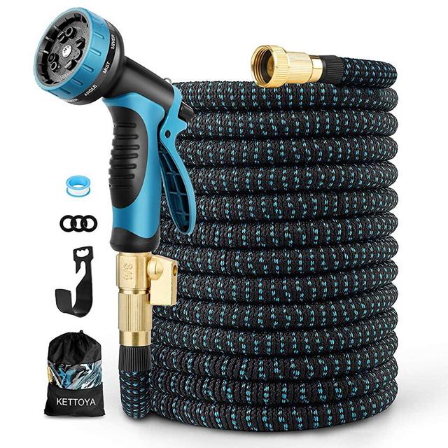 KETTOYA 100FT Expandable Garden Hose, Flexible Water Hose with 10-Pattern Spray Nozzle, Leak-proof Retractable Heavy Duty, 4-layer Latex Core, Durable 3750D, 3/4 Solid Brass Connectors, Kink-Free