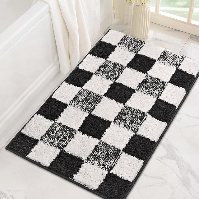 GRANNY SAYS Checkered Black Bathroom Rugs, 32" x 20", Non-Slip Bath Mats for Bathroom, Plush Shag Absorbent Microfiber Ultra Soft Bath Mat, Cute Washable Rug for Tub, Shower, Bedroom