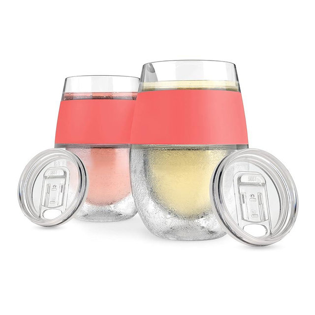 HOST Cooling Wine Freeze Cup with Lid, Set of 2 Plastic Double Wall Insulated Wine Tumbler Freezable Drink Vacuum Cup with Freezing Gel, Wine Glasses for Red and White Wine, Gift Essentials, Coral