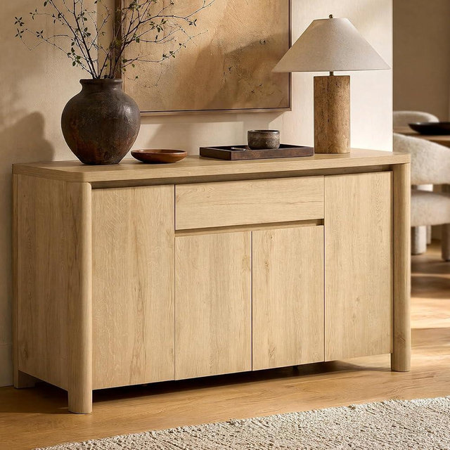 ModernMate 63" Sideboard Cabinet with Storage, 4 Doors Buffet Cabinet with Drawer & Adjustable Shelves, Modern Wood Credenza Coffee Bar Cabinet for Living Room, Natural Oak