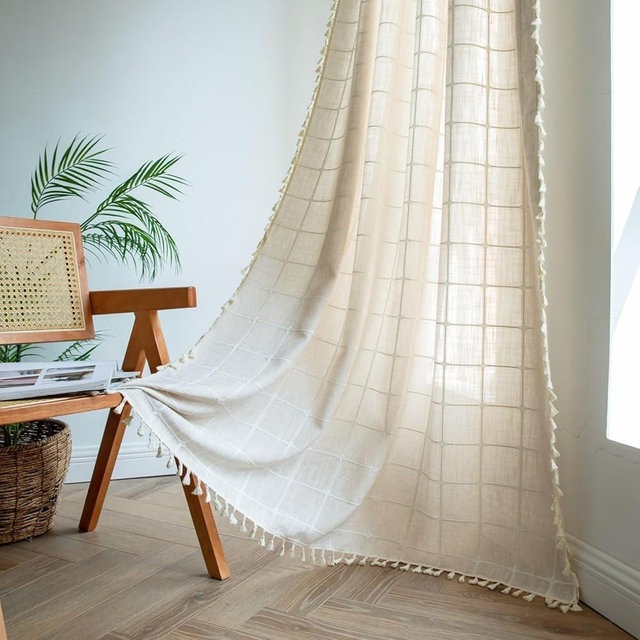 Sutuo Home Boho Curtains for Bedroom Living Room 84 Inch Length, Vintage Plaid Curtains Farmhouse Vintage Chic Tassels Window Treatment Bohemian Drape, 1 Panel 52" W x 84" L, Light Coffee Plaids