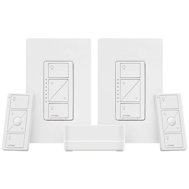 LUTRON P-BDG-PKG2W-A Caseta Wireless Smart Lighting Deluxe Starter Kit: 1 Smart Bridge, 2 In-Wall Smart Dimmers with Wallplates and 2 Pico Remotes, Works with Amazon Alexa
