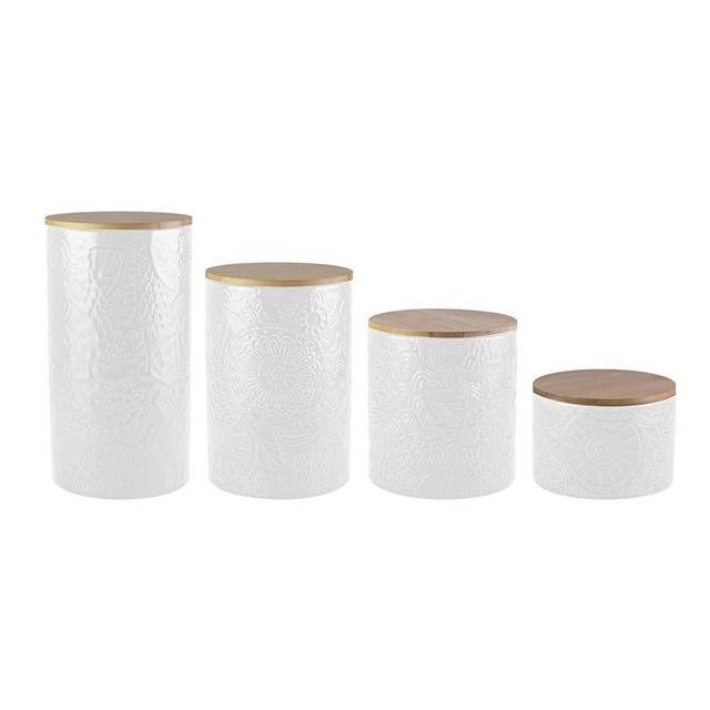 American Atelier Embossed Canister Set 4-Piece Ceramic Set Jar Container with Wooden Lids for Cookies, Candy, Coffee, Flour, Sugar, Rice, Pasta, Cereal & More White