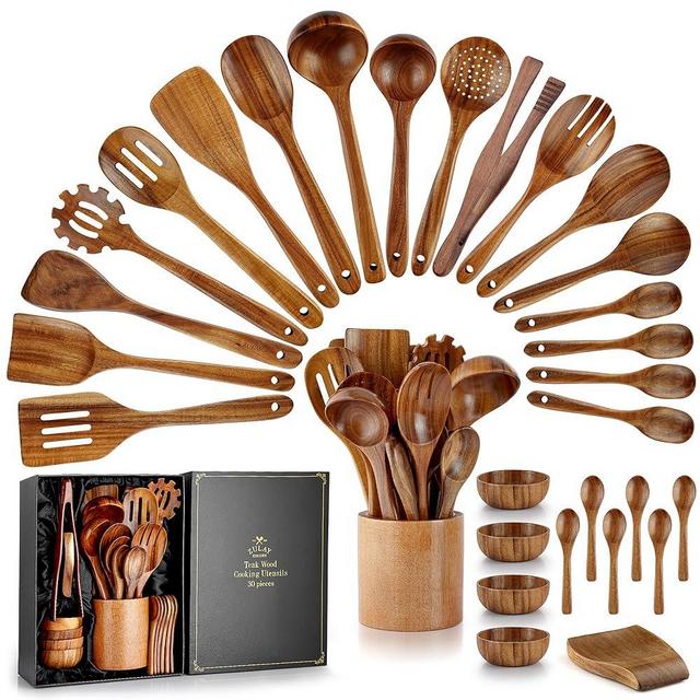 Zulay Kitchen 30-Piece Teak Wooden Utensils for Cooking - Natural Teak Utensil Set with Premium Gift Box - Non-Stick Wooden Spoons for Cooking - Kitchen Gift Set - Comfortable Grip Wooden Utensil Set
