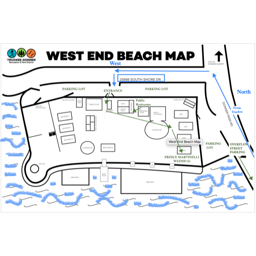 Map of Venue, our location within venue, parking options. Oriented W at top, North on right hand side.