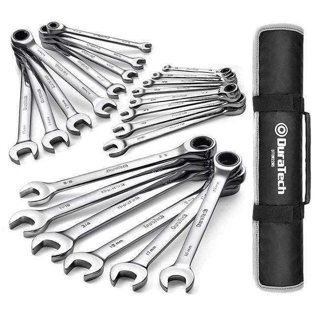 DURATECH Ratcheting Combination Wrench Set, SAE & Metric, 22-piece, 1/4″ to 3/4″ & 6-18mm, CR-V Steel, with Carrying Bag