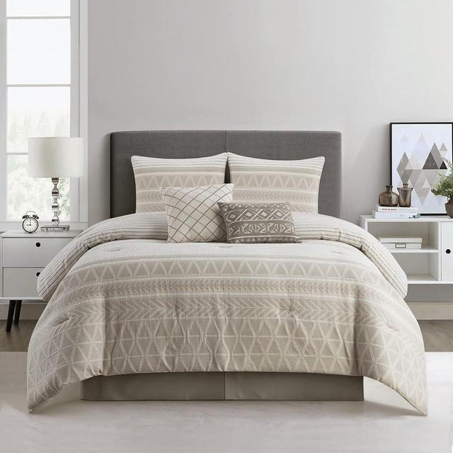 Grand Avenue 100% Cotton King Size Comforter Set, 6 Piece, Beige Geometric Jacquard Bedding Set, All Season Modern Design