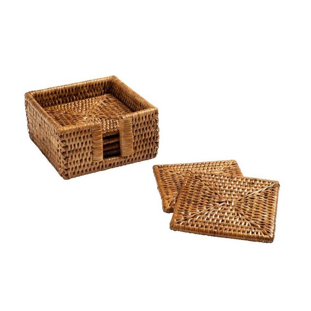 Rattan Square Coasters & Holder in Dark Natural - Set of 6