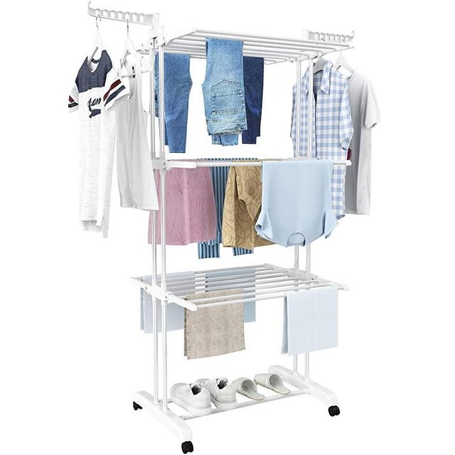 HOMIDEC Clothes Drying Rack, Large 4-Tier Foldable Drying Rack Clothing for Indoor and Outdoor, Adjustable Stainless Steel Laundry Drying Rack for Bed Linen, Clothing, Socks, Scarves(White)