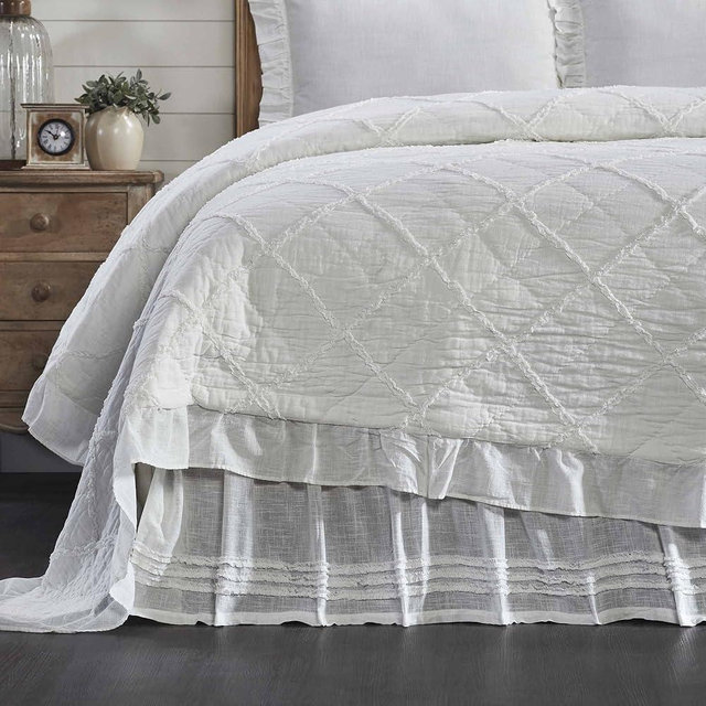 Kathryn California King Ruffled Bed Skirt w/a 16" Drop, Soft White Linen-Look Textured Fabric, Gathered Vintage Farmhouse, Country Cottage Bedding