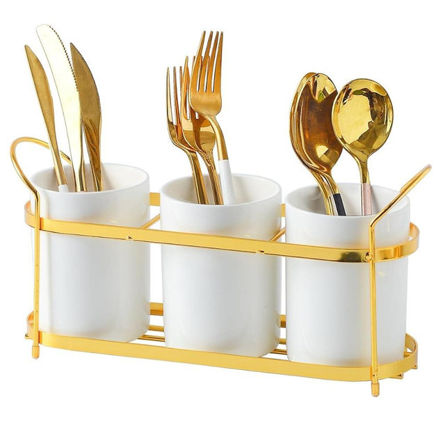 3-Piece White Ceramic Silverware Holder for Party Countertop, Utensil Holder with Golden Metal Rack Flatware Caddy Cutlery Storage Organizer for Kitchen Table (White+Gold A)