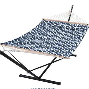 SUNCREAT Hammock with Stand 2 Person Heavy Duty, Freestanding Hammock with Spreader Bar, Soft Pillow, Gray Stripes