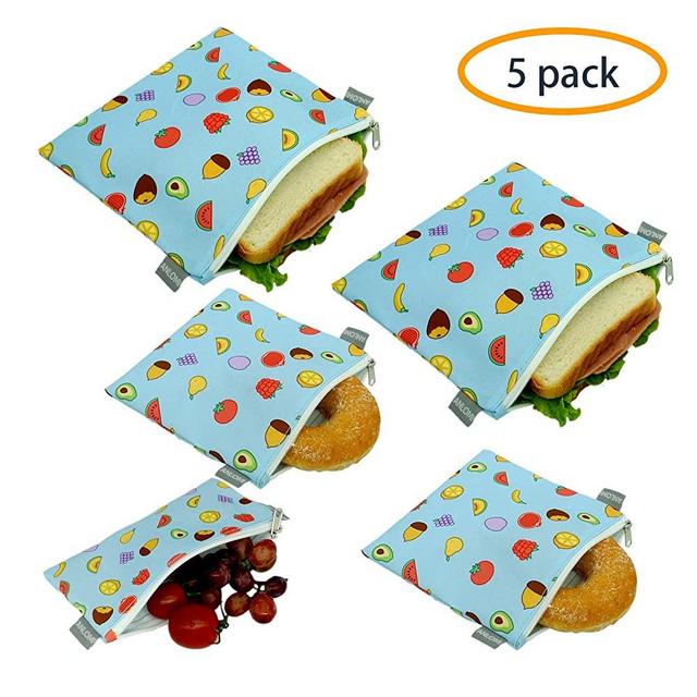 Reusable Sandwich Bags Snack Bags - Set of 5 Pack, Dishwasher Safe Lunch Bags with Zipper, Eco Friendly Food Wraps, BPA-Free. (Nuts&Fruits)