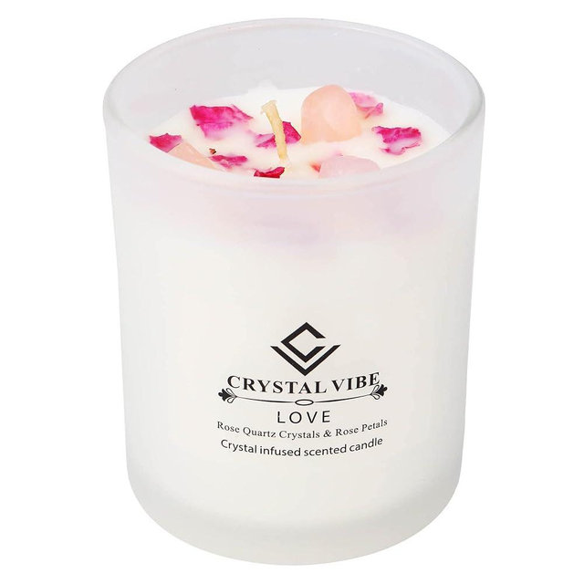 Crystal Vibe Rose Scented Candle for Love Romance Attraction - Love Candle With Rose Quartz Crystals and Rose Petals - Aromatherapy Candles Gifts for Women