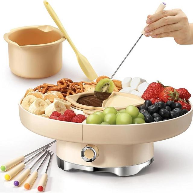 LUSHYUM Chocolate Fondue Pot Set Electric Melting Machine, 4-Cup Capacity 4 Trays 5 Forks 1 Spatula Cheese Warmer, Ideal Gift for Couple Family & Date Night Idea House Warming Holidays Essentials