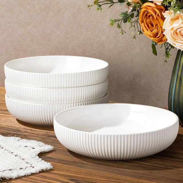 theterra 8.5'' Ceramic Pasta Bowls, Salad Bowls Set of 4, Stoneware Serving Bowls for Fruits, Noodle, Dinner, House-warming Wedding Present, Bright White