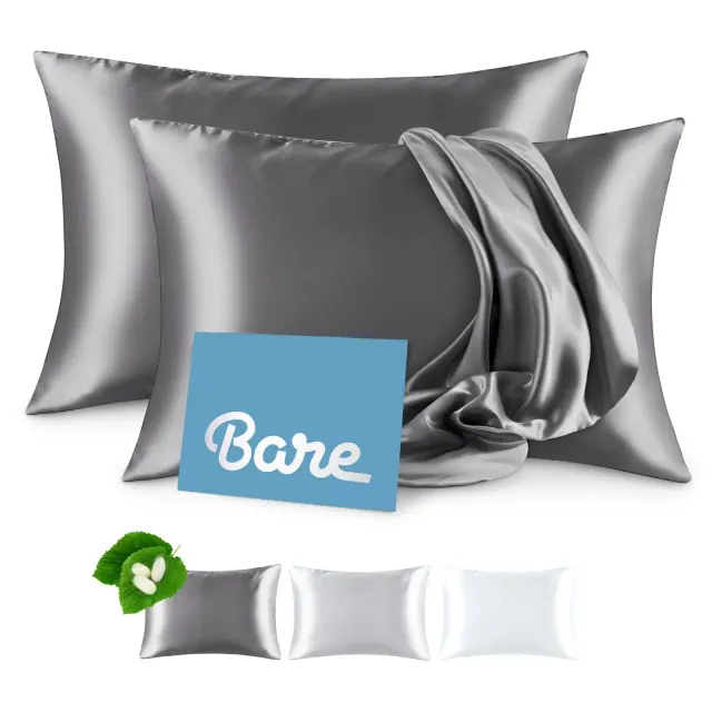 100% Mulberry Silk Pillowcase Set for Hair and Skin with Zipper Closure, King, Grey - Bare Home