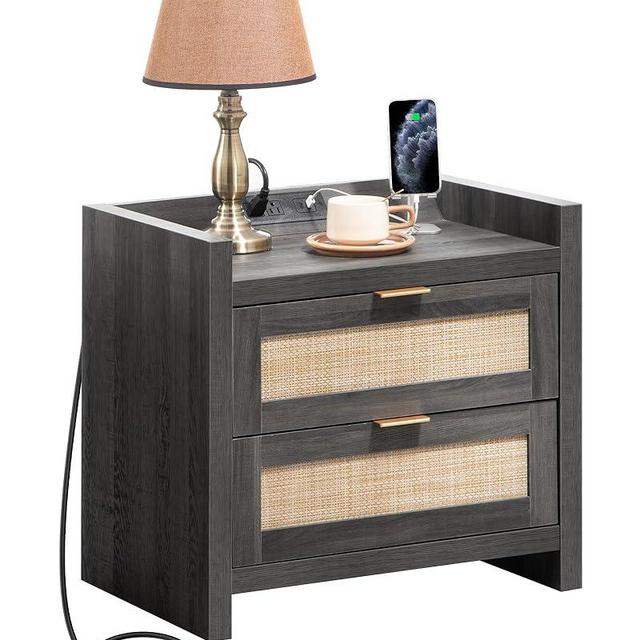 SICOTAS Night Stand Bedside Table - Rattan Nightstand End Table with Type-C Charging Station, 2 Rattan-Like Decor Drawers Storage Boho Nightstands Stand for Bedroom - Black