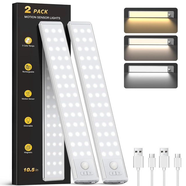 10.5" Under Cabinet Lighting, Wireless Motion Sensor Light Indoor with 3 Color Temps, Magnetic Closet Light, Dimmable Led Light, Rechargeable Under Counter Lights for Kitchen, Bedroom, Stair, 2 Pack