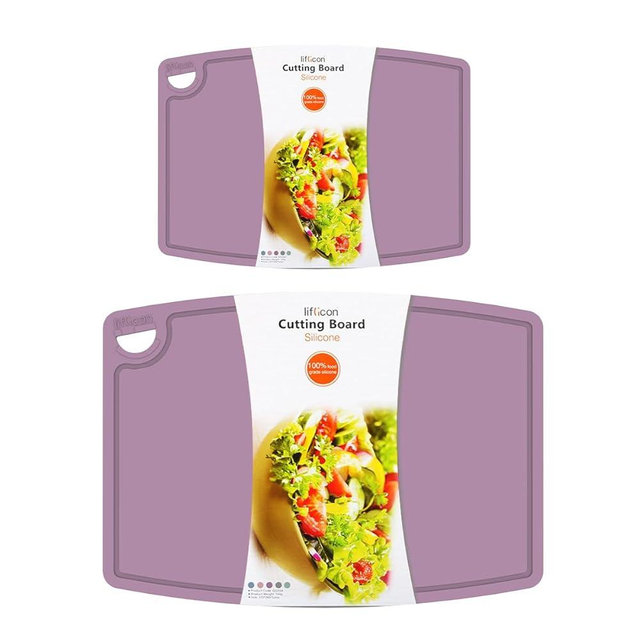 Liflicon Thick Cutting Boards for Kitchen Silicone Chopping Board Set of 2 Mid 12.6'' x 9.1”,Mini 9.1”x7.1” Non-slip Deep Drip Juice Groove Easy Grip Handle,Dishwasher Safe-Plum Purple