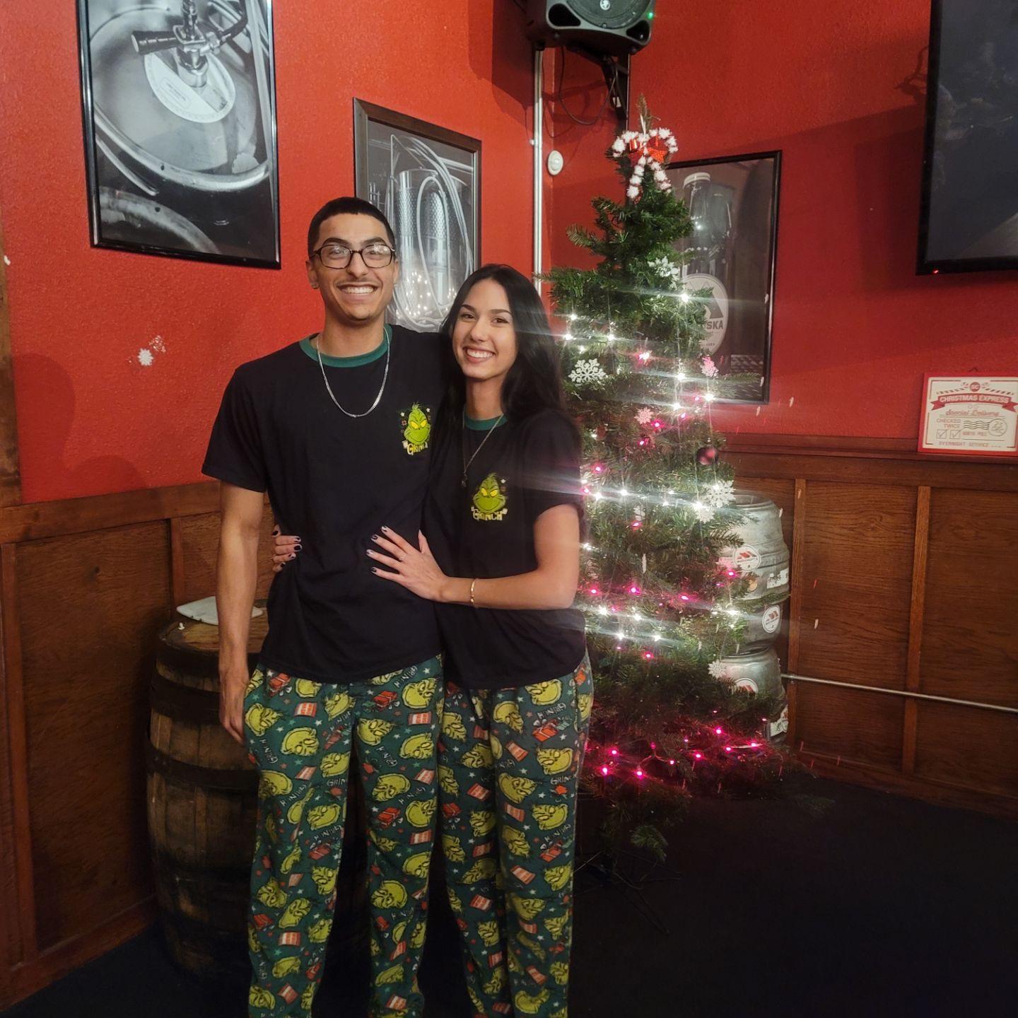 First work Christmas party. Peep the matching PJs