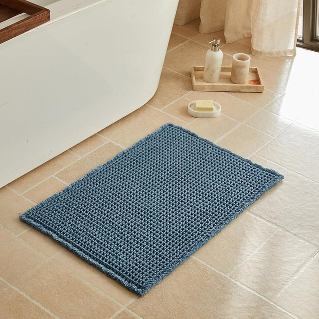Triohero Waffle Bath Mat, Boho Bathroom Rugs Non Slip Washable, Ultra Soft Super Absorbent Quick Dry Farmhouse Bathroom Decor, 20" x 30", Denim Blue