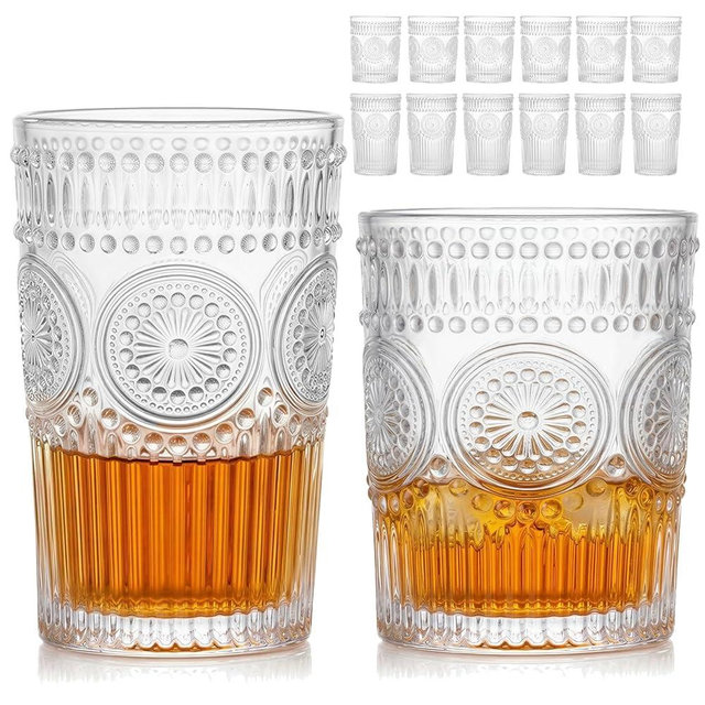 Vintage Drinking Glasses Set of 12, Textured Clear Striped Glass Cups-6 Highball Glasses 12oz & 6 Rocks Glasses 10oz, Mixed Glassware Set, Mojito Cups, Cocktail Glass, Iced Coffee Cup