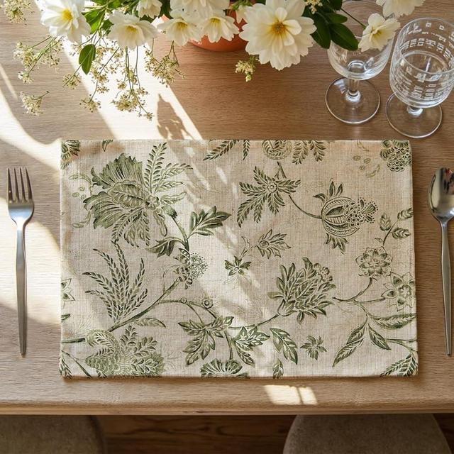 jinchan for Mom Floral Placemats Set of 4 Farmhouse Linen Placemats Cloth Table Mats Leaf Printed Flax Cloth Rustic for Kitchen Washable Tablemats 13x19 Inch Green