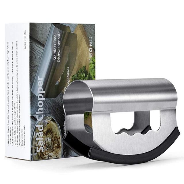 Salad Knife Chopper with Protective Cover - Stainless Steel Salad Cutter, Double Blade Chopping Knife, Mezzaluna Salad Chopper for Salad and Vegetable Mincing