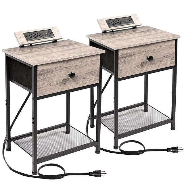AMHANCIBLE Nightstands Set of 2, End Tables Living Room with Charging Station, Night Stands with USB Ports & Power Outlets, Side Table with Storage Drawers for Bedroom (Grey)